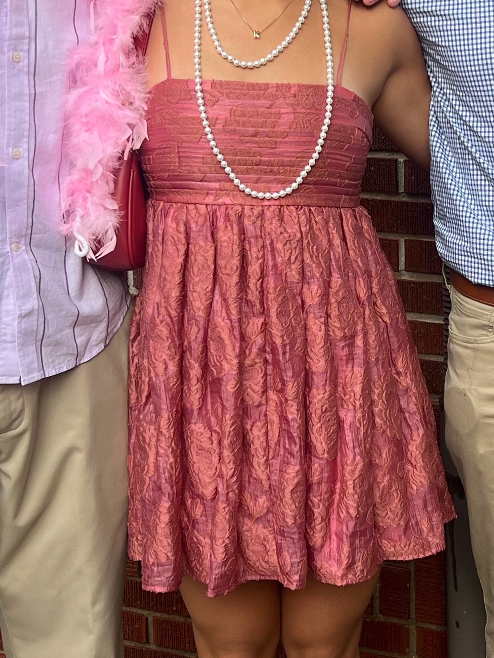 Pink Textured Mini Dress with Pearl Detail